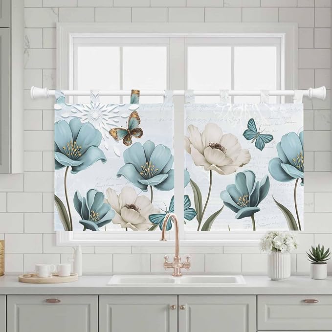 Blue Tulips Kitchen Curtains 36 Inch Length, Small Window Curtains Tab Top - Image 3