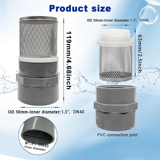 1.5" Stainless Steel Filter Cover Connected to 1.5 inch/DN40 Grey PVC Filter - Image 4