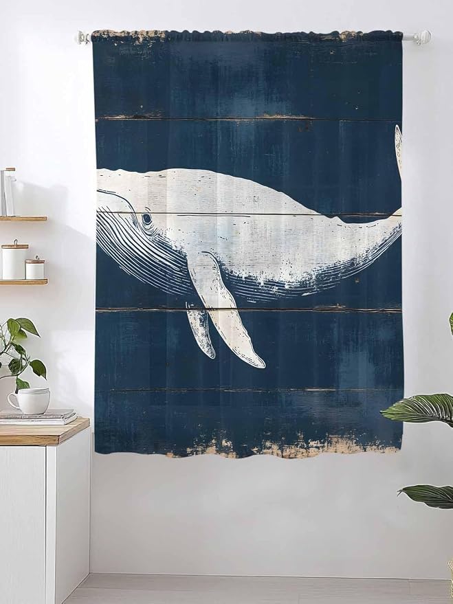 Sheer Curtains 63 Inch Length, Ocean Whale Blue Semi Sheer Curtains Light - Image 2