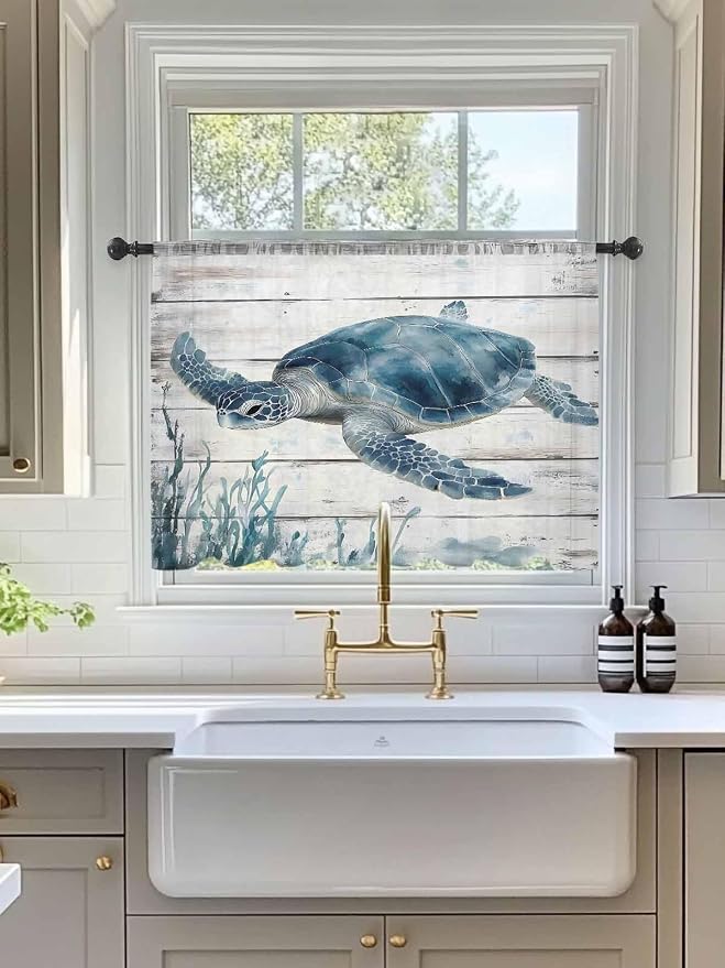 Sheer Curtains 54 Inch Length, Ocean Sea Turtle Semi Sheer Curtains Light - Image 3
