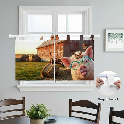 Farm Pig Kitchen Curtains 24 Inch Length, Small Window Curtains Tab Top - Image 4