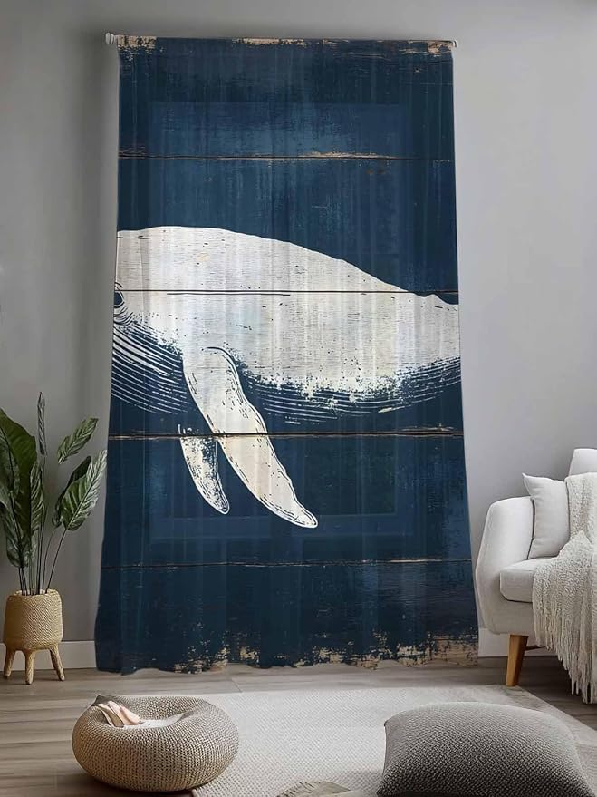 Sheer Curtains 108 Inches Long, Ocean Whale Blue Semi Sheer Curtains Light - Image 2