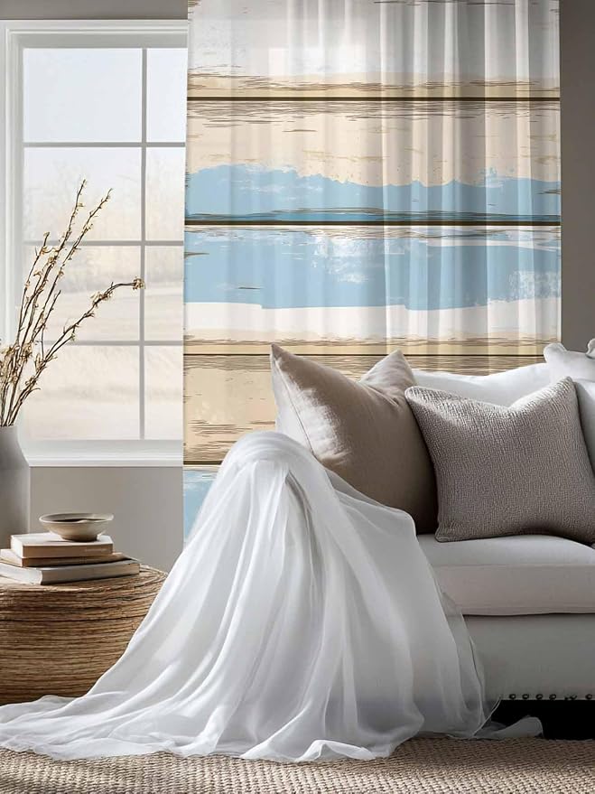 Sheer Curtains 72 Inches Long, Vintage Geometric Blue Semi Sheer Curtains Light - Image 4