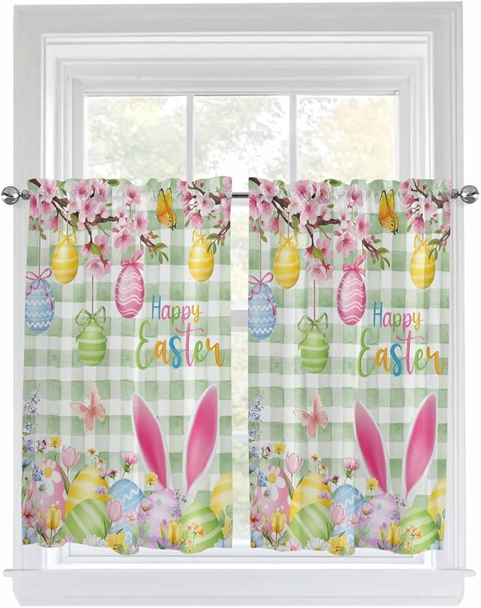 Happy Easter Kitchen Curtains 54 Inches Length, Spring Bunny Eggs Flower Sage by Unknown