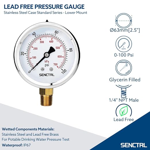 SENCTRL 100 Psi Lead-Free Glycerin Liquid Filled Low Pressure Gauge, 2.5" Dial - Image 2