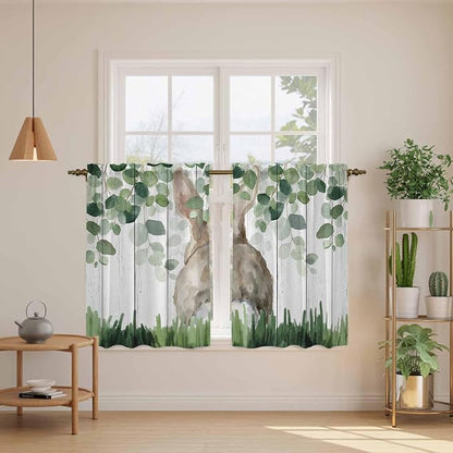 Easter Tier Curtains, Country Rabbit Botanical Leaves Wooden Grain Light - Image 3