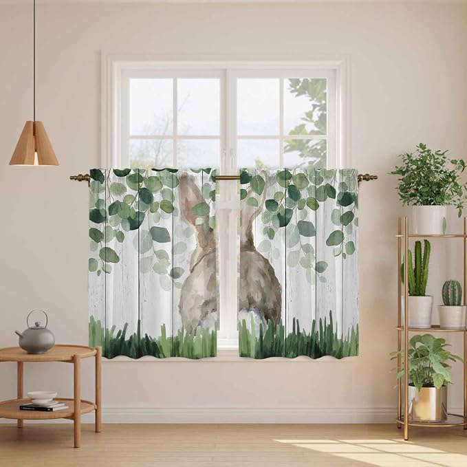 Easter Kitchen Curtains, Country Rabbit Botanical Leaves Wooden Grain Light - Image 3