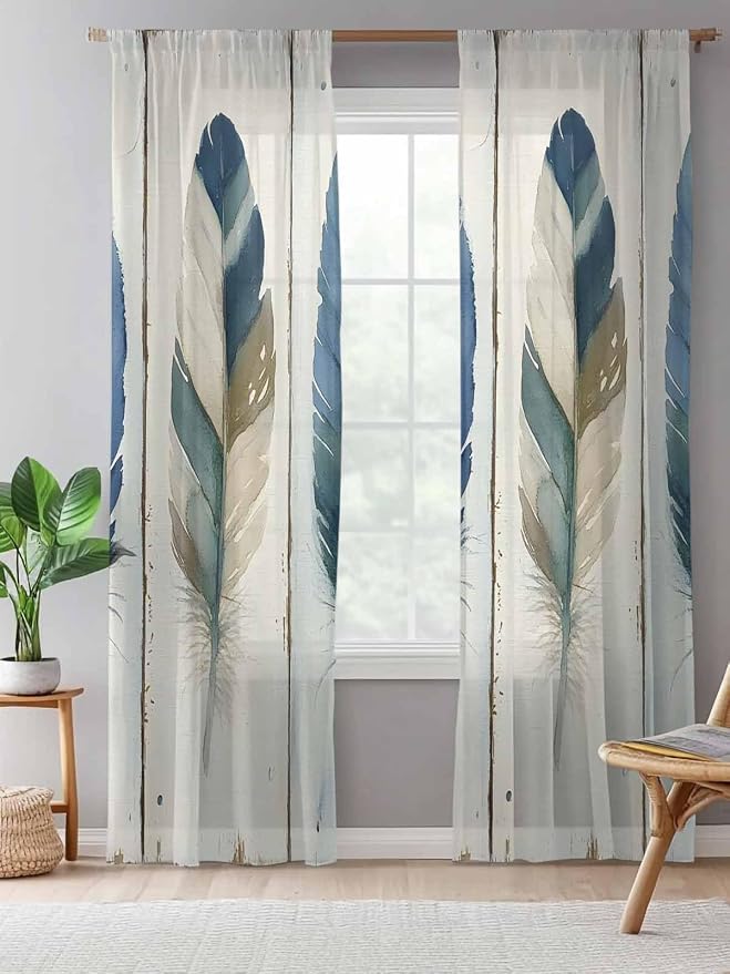 Sheer Curtains 96 Inches Long, Boho Blue Feathers Semi Sheer Curtains Light - Image 5