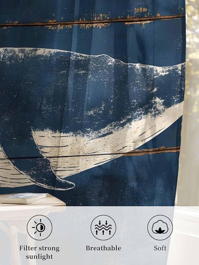 Sheer Curtains 84 Inches Long, Summer Whale Blue Semi Sheer Curtains Light - Image 6