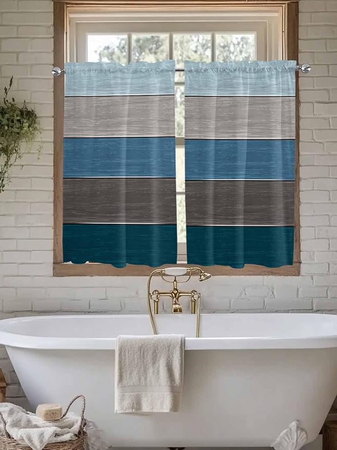 Retro Farm Blue Gray Wood Grain Window Valance Curtains, Rustic Wooden Plank - Image 5