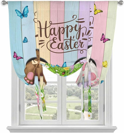 Tie Up Curtains, Happy Easter Rabbit Butt Egg on Daisy Leaf Adjustable Rod - Image 2