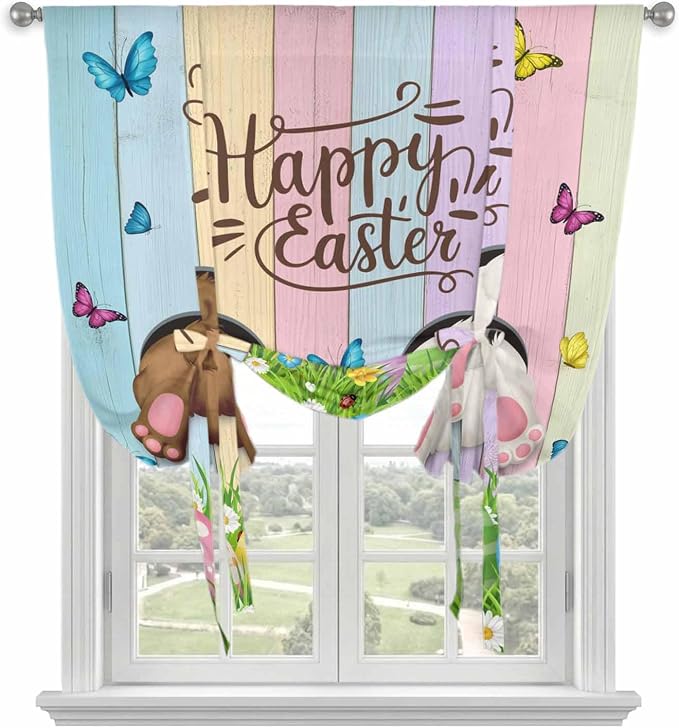 Tie Up Curtains, Happy Easter Rabbit Butt Egg on Daisy Leaf Adjustable Rod by Unknown