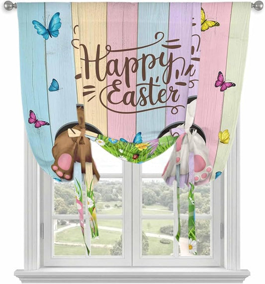 Tie Up Curtains, Happy Easter Rabbit Butt Egg on Daisy Leaf Adjustable Rod - Image 2