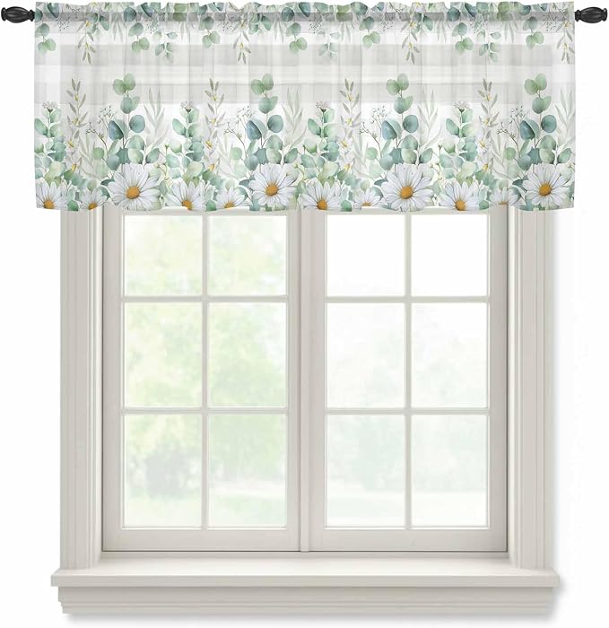Eucalyptus Leaves Daisy Sheer Valance Curtains, Summer Farmhouses Gray Plaid by Houseown