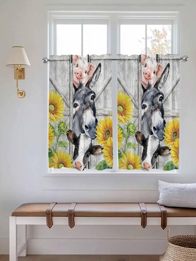 Farmhouse Kitchen Curtains 54 Inches length, Watercolor Sunflowers Animals - Image 4