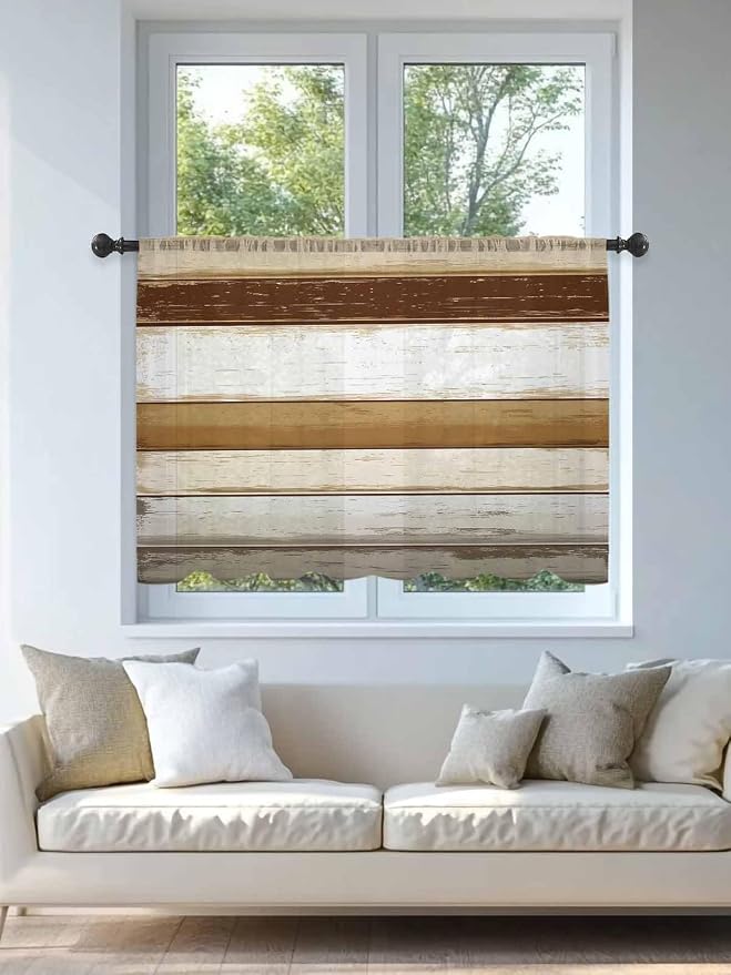 Sheer Curtains 54 Inch Length, Vintage Country Geometric Striped Privacy Voile - Image 4