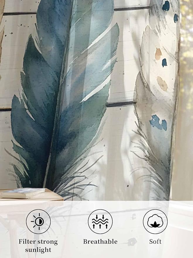 Sheer Curtains 63 Inch Length, Boho Blue Feathers Semi Sheer Curtains Light - Image 6