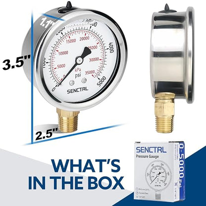 SENCTRL 5000 Psi Glycerin Liquid Filled Hydraulic High Pressure Gauge, 2.5" - Image 6