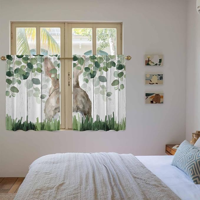 Easter Kitchen Curtains, Country Rabbit Botanical Leaves Wooden Grain Light - Image 4
