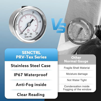 SENCTRL 0-100 Psi Pressure Gauge, 1/4 NPT Back Mount, Waterproof, Stainless - Image 5