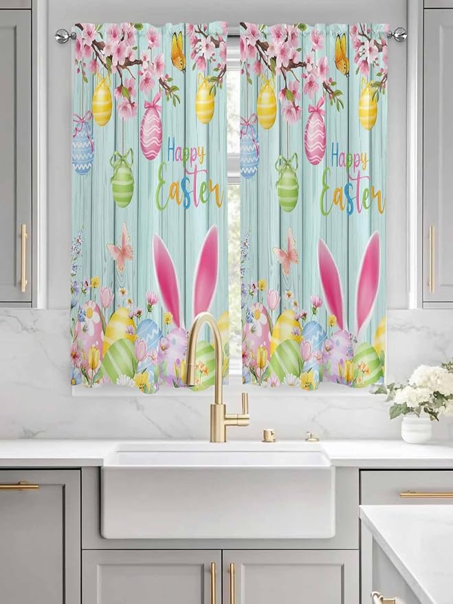 Happy Easter Bedroom Curtains 63 Inches length, Spring Bunny Eggs Flower Teal - Image 3