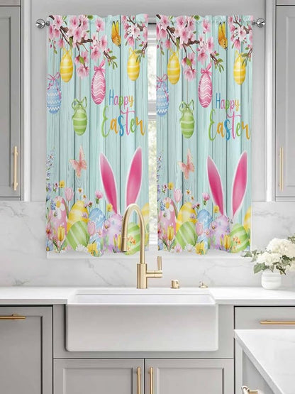 Happy Easter Bedroom Curtains 63 Inches length, Spring Bunny Eggs Flower Teal - Image 3