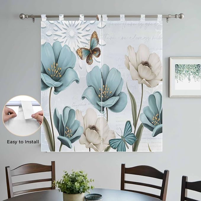 Blue Tulips Bathroom Curtains 63 Inch Length, Window Curtains Tab Top, - Image 4