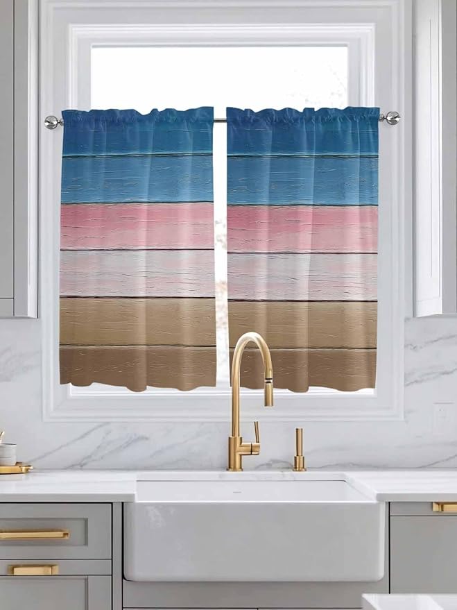Blue Pink Brown Gradient Wood Grain Window Valance Curtains, Vintage Wood Board - Image 2