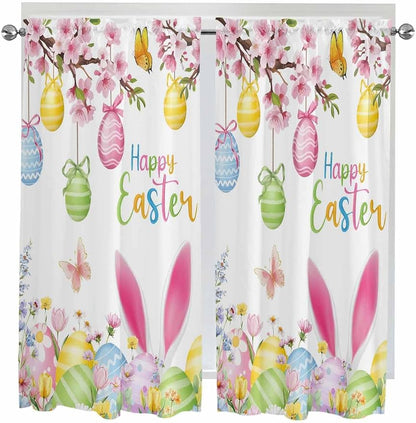 Happy Easter Bedroom Curtains 63 Inches length, Spring Watercolor Bunny Eggs by Unknown