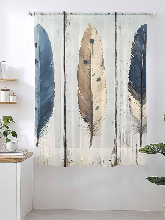 Sheer Curtains 72 Inches Long, Farmhouse Feather Semi Sheer Curtains Light - Image 2