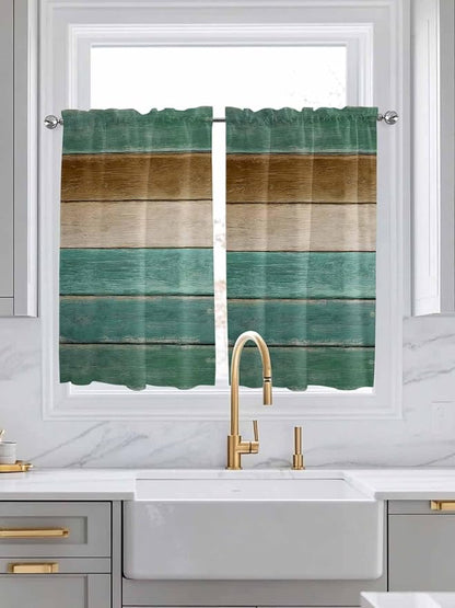 Vintage Plank Turquoise Brown Window Valance Curtains, Farmhouse Wood Grain by IDOWMAT