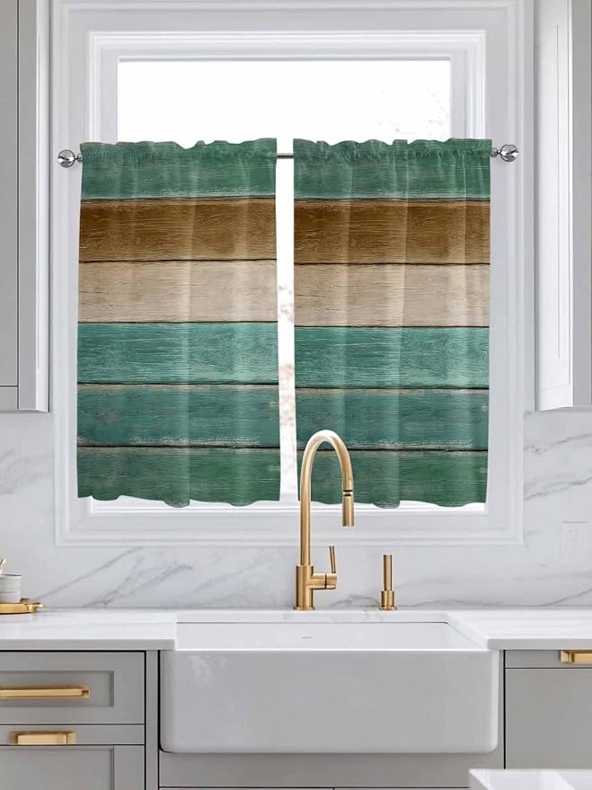 Vintage Plank Turquoise Brown Window Valance Curtains, Farmhouse Wood Grain by IDOWMAT