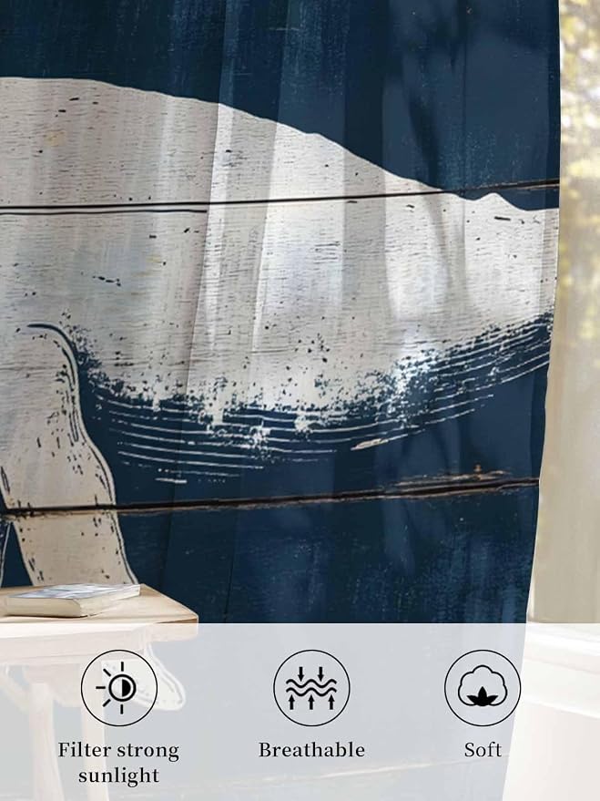 Sheer Curtains 84 Inches Long, Ocean Whale Blue Semi Sheer Curtains Light - Image 6