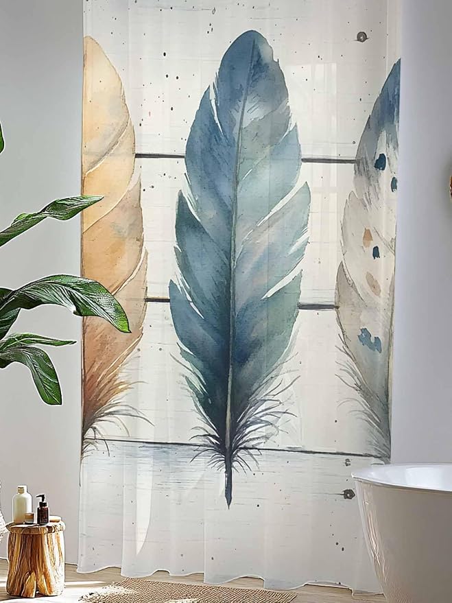 Sheer Curtains 108 Inches Long, Boho Blue Feathers Semi Sheer Curtains Light - Image 4