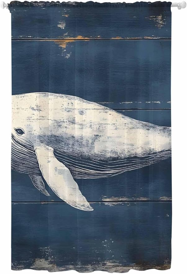 Sheer Curtains 96 Inches Long, Ocean Vintage Whale Semi Sheer Curtains Light by Unknown
