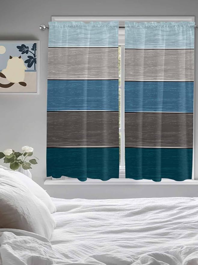 Retro Farm Blue Gray Wood Grain Window Valance Curtains, Rustic Wooden Plank - Image 4