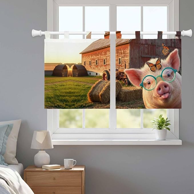 Farm Pig Kitchen Curtains 24 Inch Length, Small Window Curtains Tab Top - Image 9