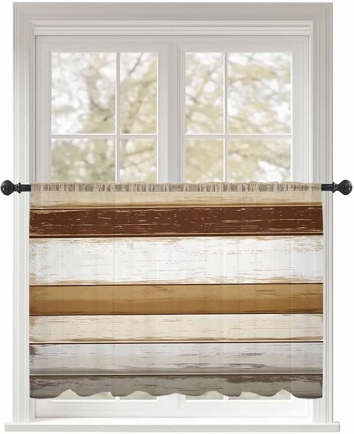 Sheer Curtains 54 Inch Length, Vintage Country Geometric Striped Privacy Voile by Unknown