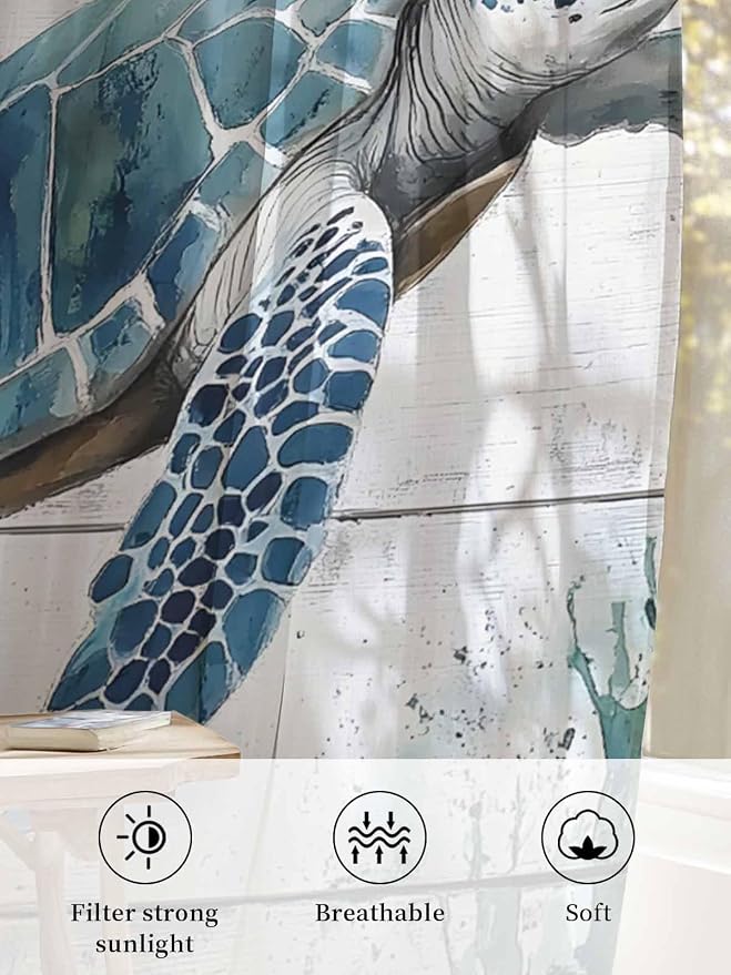 Sheer Curtains 45 Inch Length, Teal Green Sea Turtle Semi Sheer Curtains Light - Image 6
