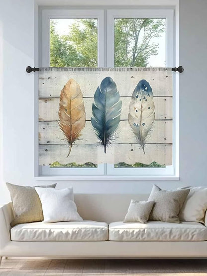 Sheer Curtains 54 Inch Length, Boho Blue Feathers Semi Sheer Curtains Light - Image 4