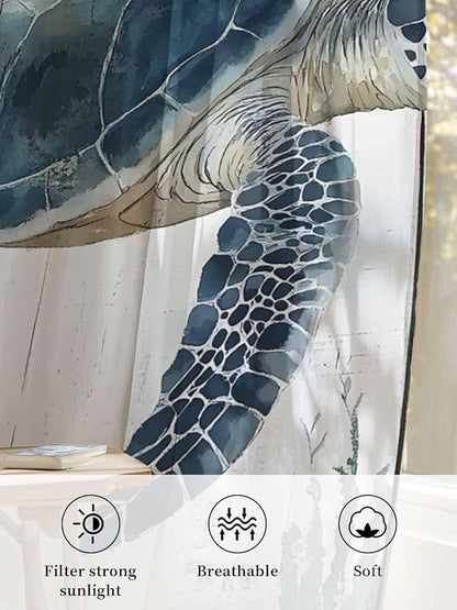 Sheer Curtains 45 Inch Length, Sea Turtle Teal Blue Semi Sheer Curtains Light - Image 6