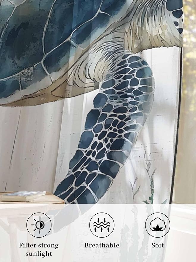 Sheer Curtains 108 Inches Long, Sea Turtle Teal Blue Semi Sheer Curtains Light - Image 6