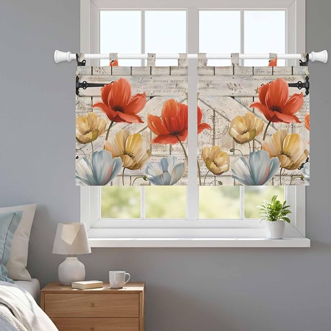Retro Floral Kitchen Curtains 36 Inch Length, Small Window Curtains Tab Top - Image 9