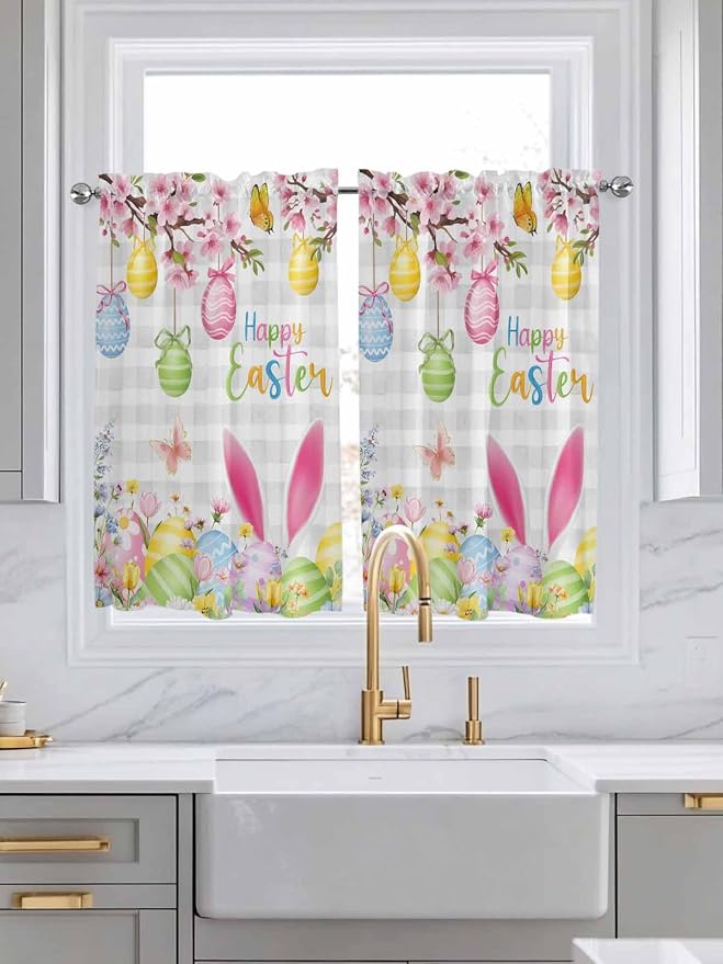 Happy Easter Kitchen Curtains 54 Inches length, Spring Watercolor Bunny Eggs - Image 3