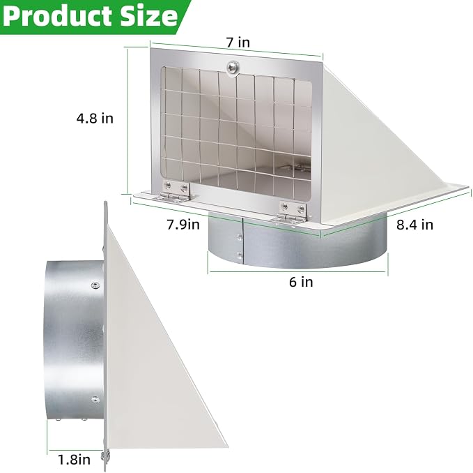 6 Inch Wall Vent with Screen and Damper, 304 Stainless Steel Outdoor Wall - Image 2