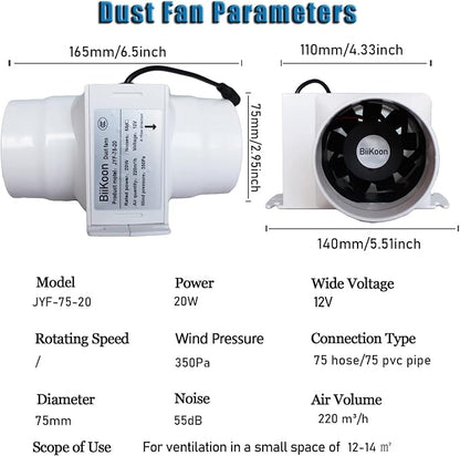 3 Inch Inline Fan 12V Tube Vent Fan Powerful 130Cfm in-line Duct Fan 20W - Image 2