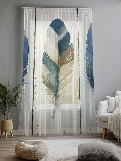 Sheer Curtains 84 Inches Long, Boho Blue Feathers Semi Sheer Curtains Light - Image 2
