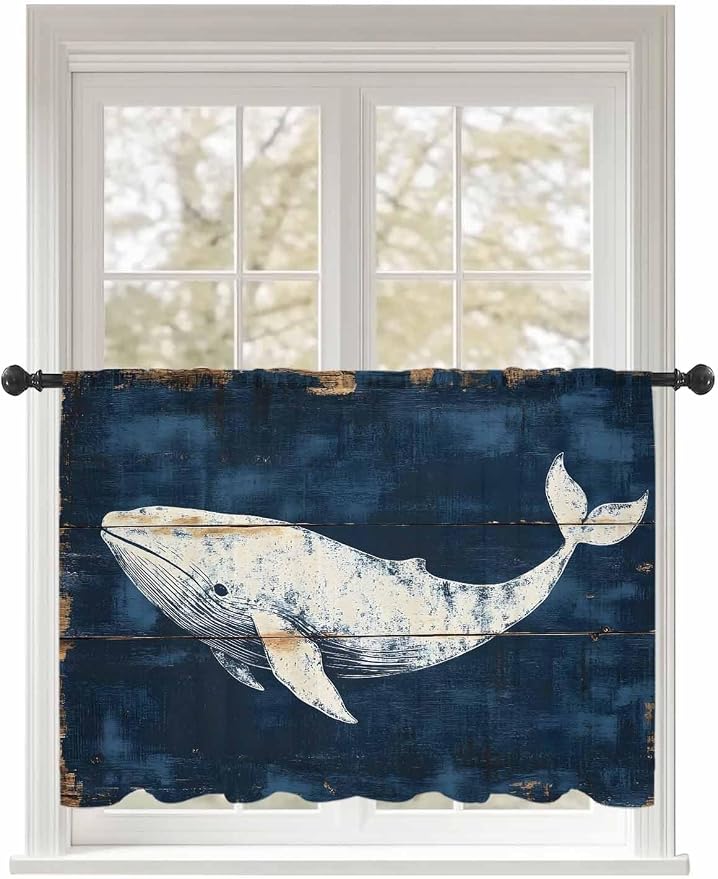 Sheer Curtains 54 Inch Length, Ocean Whale Blue Semi Sheer Curtains Light by Unknown