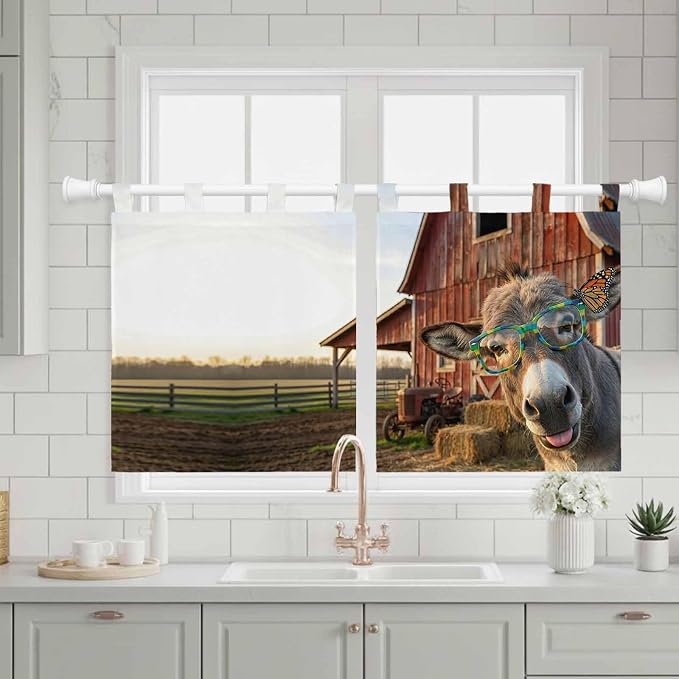 Farm Donkeys Kitchen Curtains 36 Inch Length, Small Window Curtains Tab Top - Image 3