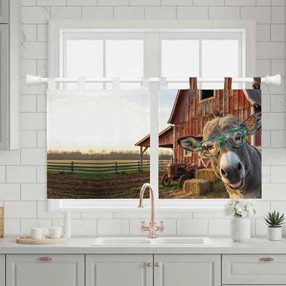Farm Donkeys Kitchen Curtains 36 Inch Length, Small Window Curtains Tab Top - Image 3